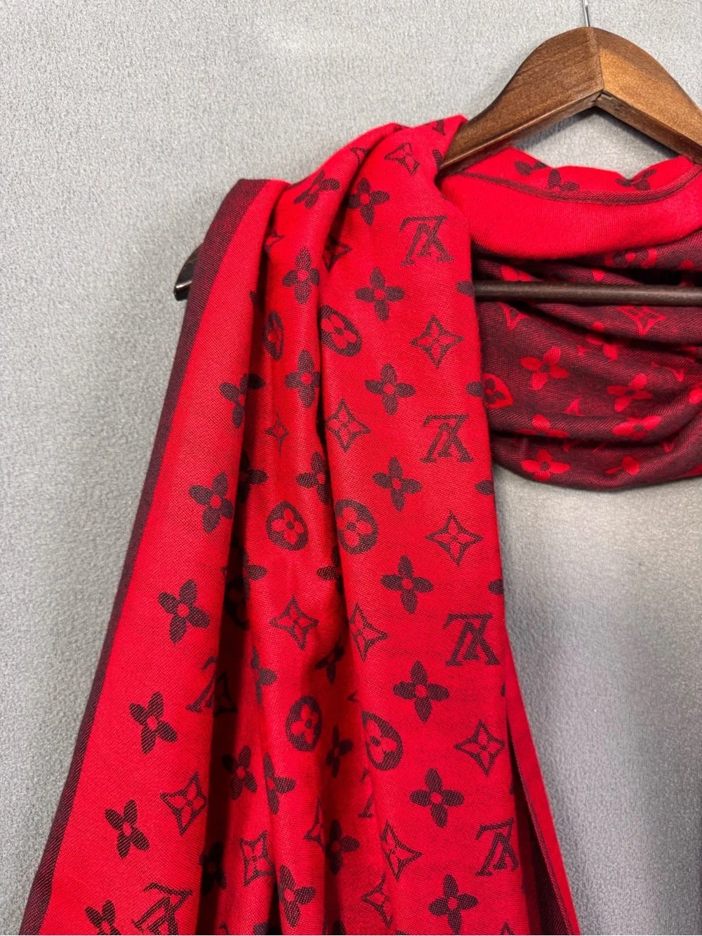 Authentic Louis Vuitton Red and Black Monogram Silk Shawl Scarf, Made in Italy